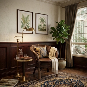 Sillón de mimbre natural vintage hecho a mano, silla de barril tejida con caña, acabado marrón oscuro, asiento acolchado para sala de estar - Product Image 2