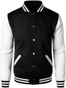 Veste universitaire pour homme, noir et blanc contrastés, boutonnée, coupe classique, col rabattu, polyester et coton, automne - Product Image 5