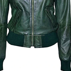 Blouson aviateur en cuir vert de haute qualité OEM pour femmes grande taille style hiver léger avec fermeture à glissière en vente au Pakistan - Product Image 6