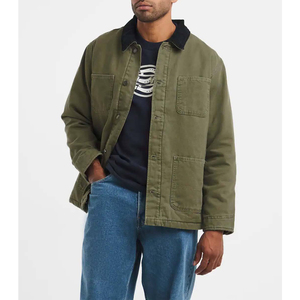 Wholesale Winter Cotton Blended <b>Canvas</b> Custom LOGO Unisex Work <b>Jacket</b> with Stand Collar Pattern Front Button Multi Pockets - Product Image 1