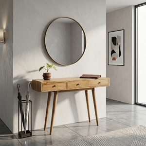 Meuble de salon en bois massif, buffet d'entrée de style moderne du milieu du siècle, avec 3 tiroirs, finition artisanale balinaise - Product Image 4