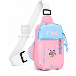 กระเป๋าคาดเอว Gamma Phi Delta Sorority แบบสั่งทำพิเศษ พร้อมโลโก้ปักด้านหน้า สีฟ้าชมพู ปิดด้วยซิป ใช้ได้ทุกวันสำหรับผู้หญิง - Product Image 2