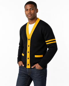 Cardigan en tricot noir et jaune à col en V pour homme, manches longues, boutons sur le devant, style décontracté universitaire, marque privée, vente en gros - Product Image 3
