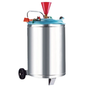 Tanque de espuma móvil de acero inoxidable plateado con ruedas, embudo rojo y manguera azul para lavado de coches, desde India - Product Image 3