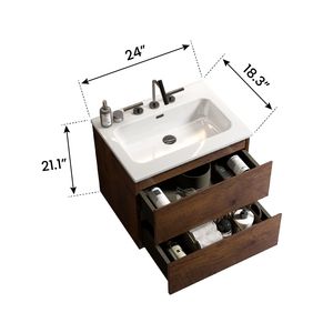 24\" Walnut Wall Mount <b>Bathroom</b> <b>Vanity</b> with Large Storage Floating Design Ceramic Sink with Three Faucet Holes 300 Series Modani - Product Image 6