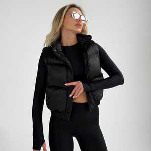 Colección GRACE: Chaleco Acolchado para Mujer, Color Marrón Denim, Chaqueta sin Mangas para Otoño, Color Sólido, Cálido, Tejido Estándar, con Capucha y Cierre - Product Image 5