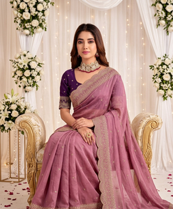 AARA Fashion Saree en soie violette avec broderie dorée, protection solaire, tenue de mariage indienne traditionnelle pour femme, longueur au sol, coupe classique - Product Image 5