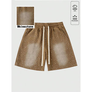 Pantalones cortos de algodón 100% con diamantes de imitación para hombre, estilo callejero, transpirables, ropa de calle de verano, ropa de gimnasio brillante, marrón - Product Image 1