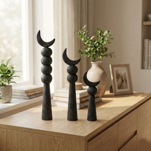 Ensemble de sculptures artisanales en bois teinté foncé en forme de croissant de lune, avec sphères empilées et bases coniques, pour décoration arabe - Product Image 5