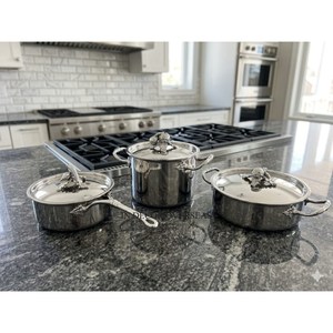 Luxury Hand Hammered Stainless Steel Casseroles <b>Set</b> With Gold Accents Round Ruffoni Cookware For Gas And Induction Stoves - Product Image 4