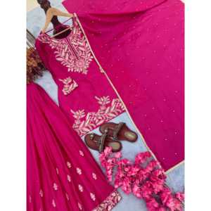 Conjuntos de diseñador para mujer Pure Chinon Silk Top Plazzo Dupatta para ropa de fiesta - Product Image 4