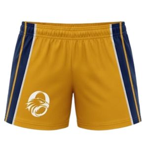 Shorts de netball unisexe jaune et bleu marine sublimés, en polyester, uniforme sportif léger, vêtements de sport avec empiècements latéraux assortis - Product Image 1