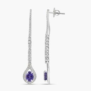 Boucles d'oreilles pendantes pour femmes plaquées rhodium avec améthyste et diamants taille brillant rond, forme goutte d'eau, style classique - Product Image 3