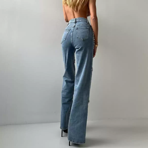 Jean en denim large personnalisé pour femme, en coton délavé, longueur intégrale, orné de perles, décontracté, pour le printemps - Product Image 2