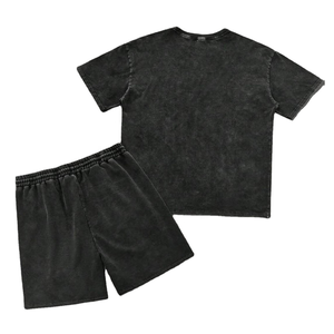 Ensemble T-shirt et short en coton pour homme, col rond, délavé à l'acide, décontracté, respirant, tricoté, style sportswear, effet soleil éclairé, pour l'été - Product Image 2