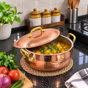 Pure Copper Hammered Handi <b>Pot</b> with Lid Brass Handles 2.5L Traditional Cooking Serving Cookware <b>for</b> Hotel Restaurant Catering - Product Image 4