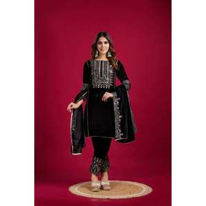 Top-Dupatta de terciopelo negro para mujer, diseño de diseñador, para fiesta, con bordado y lentejuelas, 100% poliéster, talla XL - Product Image 2