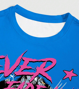 T-shirt imprimé pour homme, bleu, manches courtes, style streetwear, col rond, coupe classique, jersey en coton, design Never Fade Away - Product Image 4
