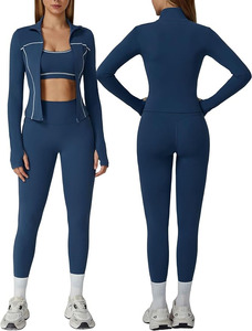 Women's Three Piece Seamless Gym Workout Set Long Sleeve <b>Zip</b> <b>up</b> Yoga Activewear <b>Crop</b> Top Sports Bra Leggings Jacket - Product Image 1