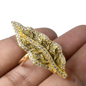 Bague ajustable en feuille plaquée or avec zircon cubique, style cocktail, bijou indien fait main, bague de mariée élégante pour soirée - Product Image 3