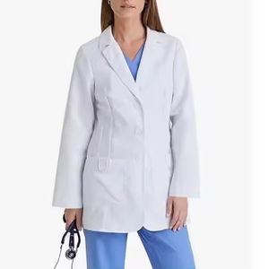 Bata de laboratorio blanca tejida para mujer con 3 bolsillos y cierre a presión, uniforme de hospital, bata de médico, conjunto de pantalones azules tipo scrubs - Product Image 2
