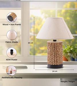 Rattan Table Lamp Beige Fabric Cone Shade Rustic Style Small Size LED Warm <b>Light</b> Residential Use - Product Image 4