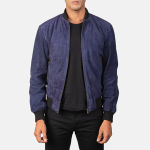 <b>Men's</b> Navy Blue <b>Suede</b> Bomber <b>Jacket</b> Regular Fit Turn-down Collar Zipper Closure Casual Autumn Wear - Product Image 1