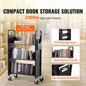 Carrello Porta Libri a Rotelle Monofacciale con Capacità di 150 kg, 79,5 cm x 38,7 cm x 124,7 cm, Ripiani Inclinati a V in Acciaio, Blocco da 4 Pollici - Product Image 2