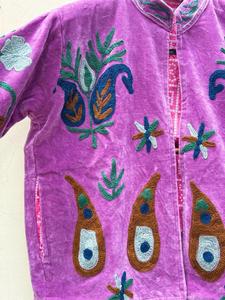 Handmade Purple <b>Velvet</b> Floral Embroidered Suzani <b>Jacket</b> Full Sleeve Stand Collar Bohemian <b>Women</b> Winter Outerwear - Product Image 3