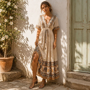 <b>Boho</b> Ethnic Print <b>Dress</b> Women Viscose Woven Breathable Anti-pilling <b>Summer</b> Maxi <b>Dress</b> - Product Image 3