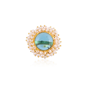 Elegante Anillo Ajustable de Latón Chapado en Oro con Topacio Azul, Hidro y Perla, Joyería de Piedras Preciosas Hecha a Mano para Mujer - Product Image 1