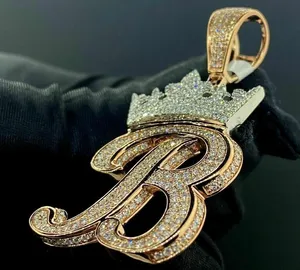 Breloque initiale personnalisée en argent sterling 925 plaqué or, sertie de moissanite taille brillant, couleur D, pureté VVS1, motif couronne, lettre B, style hip-hop glacé - Product Image 2