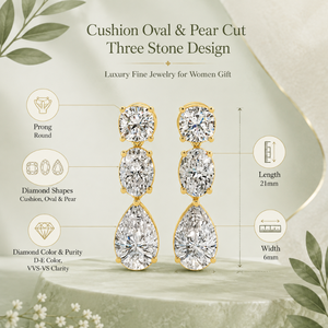 Boucles d'oreilles pendantes en diamant cultivé en laboratoire, or 14 carats |   Coussin ovale à trois pierres de forme poire |   Clarté VVS-VS, longueur 21 mm |   Luxe Raffiné - Product Image 5