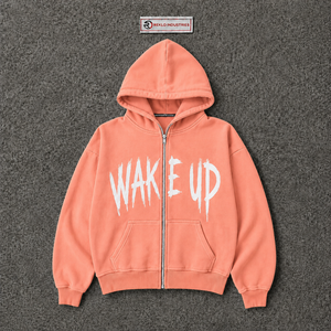 Sudadera con capucha extragrande rosa melocotón con cremallera completa y estampado gráfico Wake Up, estilo urbano informal para hombre - Product Image 5