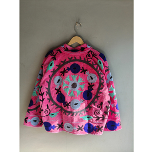 <b>Pink</b> Embroidered Terry Jacket With Floral Pattern Full Sleeve Stand Collar Zipper Closure Spring Women's Outerwear gift for her - Product Image 6