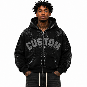 Sweat à capuche zippé personnalisé en strass, épais, oversize, à étoiles cloutées, style streetwear, tendance hiver Y2K, en polaire - Product Image 1