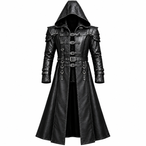 Men's Black Gothic <b>Leather</b> <b>Long</b> <b>Coat</b> Hooded Steampunk <b>Trench</b> <b>Coat</b> with Multiple Buckle Straps Shoulder Armor Design Custom - Product Image 1