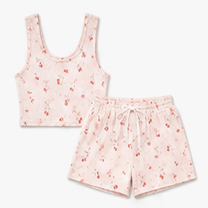 Wholesale Women’s 2 Piece <b>Cherry</b> Print Ribbed Crop Tank <b>Top</b> & Shorts Set, Sleeveless Casual Summer Lounge with Elastic - Product Image 2
