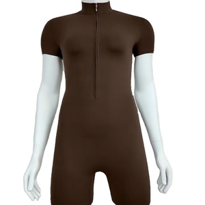 Wholesale Custom Logo Seamless Bodysuit For Women Quarter <b>Zip</b> Short Sleeves GYM Workout Yoga Jumpsuit For Women - Product Image 1