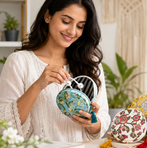 Womens Multi-Functional Cotton Quilted Boho Round <b>Mini</b> Bag Eco- Friendly <b>Pouch</b> With Zipper Closure for Coins And Earphones - Product Image 1