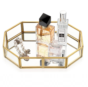 Plateau miroir hexagonal en métal doré, résistant au lave-vaisselle, pour service de table, petit-déjeuner, ou comme plateau de vanité de salle de bain - Product Image 1