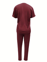 Women's Maroon 2-Piece Woven Fleece Jogger Set Short Sleeve Crew Neck Solid Color Casual Wear Side Stripe Pocket Quick Dry
