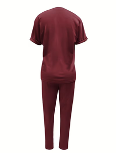 Women's Maroon 2-Piece Woven Fleece Jogger Set Short Sleeve Crew Neck Solid Color Casual Wear Side Stripe Pocket - Product Image 6