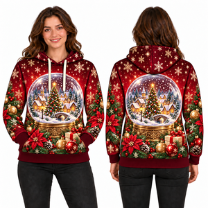 Women's Christmas Santa Print Hooded Fleece Windproof Sweatshirt Full Sleeve Knitted Winter Pullover with Pockets - Product Image 5