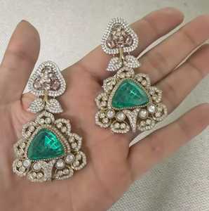 <b>Emerald</b> Doublets Zircon Studded <b>Gold</b> Plated Brass Indian Ethnic Festive Fashion Statement Dangle Handmade <b>Earrings</b> Seaila - Product Image 4