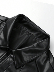 Veste en cuir PU noire pour homme, fermeture éclair sur le devant, col rabattable, coupe classique, vêtement d'automne, couleur unie - Product Image 4