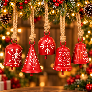 Guirlande de clochettes métalliques rouge vif pour les fêtes, avec des breloques en forme de cœur d'arbre et de motifs floraux, et des détails décoratifs en lignes blanches - Product Image 3