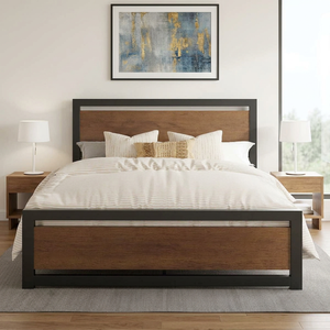 Queen Industrial Modern Solid Wood and <b>Black</b> Metal Platform <b>Bed</b> with Headboard - Product Image 6