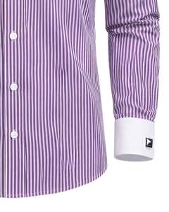Camisa de Vestir para Hombre, Corte Slim, Rayas Blancas y Moradas, Manga Larga, Cuello y Puños en Contraste, Formal, para Oficina, Mezcla de Algodón, OEM - Product Image 6
