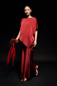 Conjunto de 2 piezas de verano para mujer, mezcla de seda, asimétrico, elegante, corte diagonal, cuello redondo, manga corta, informal, falda y blusa - Product Image 2